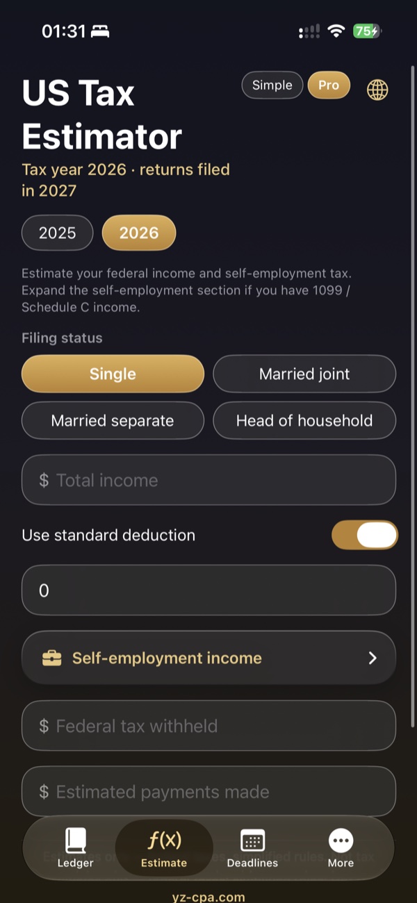 Tax estimate screen