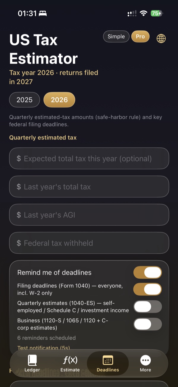 Deadlines and reminders screen